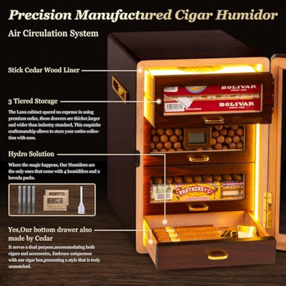 Desktop Humidor Cabinet Triple-Sided Light with Digital Hygrometer, Humidifier and Humidity Packs. 4 Ceder Wood Drawers, Humidor Box can Hold 200 Cigars. Present for Men