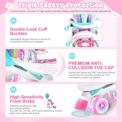 OLYSPM Kids Roller Skates for Girls Boys Pro 4-Size Adjustable, Roller boots With 8 Light Up Wheels, Beginner safe Children's Quad Skates - Ideal Christmas Birthday Gift