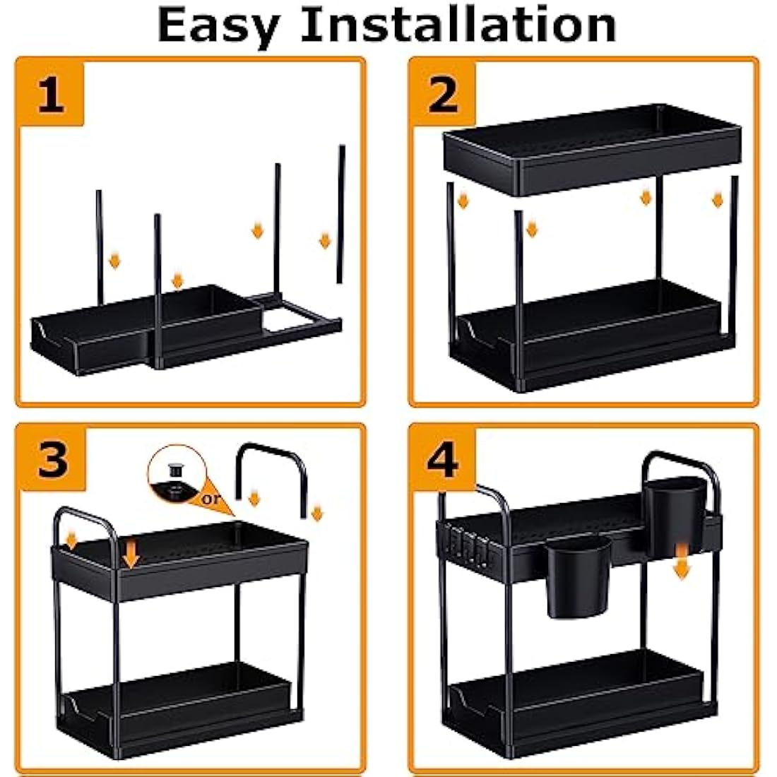 GEMWON Under Sink Storage Kitchen Organiser, 2 Tier Sliding Kitchen Storage Under Sink shelf, Multi-Purpose Organisation for Bathroom, Bottom Slide Out Basket Black 2Piece