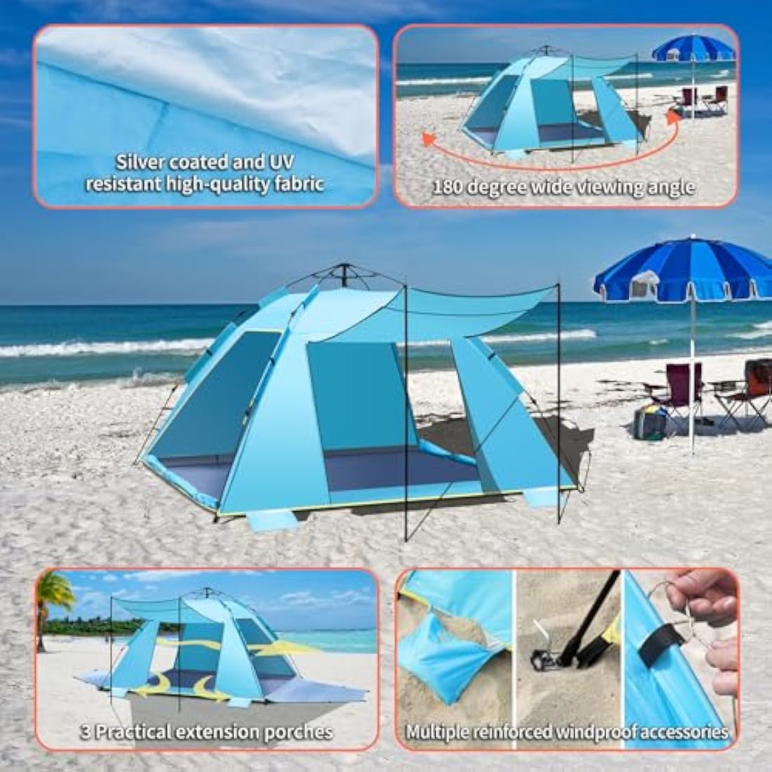 4-5 Person Instant Pop Up Automatic Beach Tent, Extra Large Portable Ventilated Automatic Beach Sun Shelter Tent, UPF 50+ Easy Setup Beach Tent for Picnic,Beach,Garden(Blue)