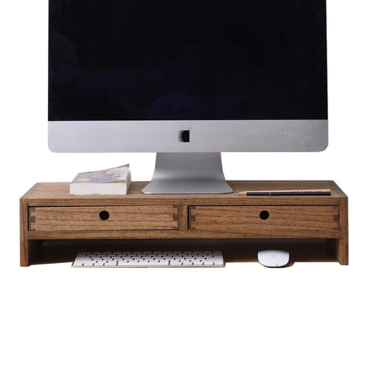 KIRIGEN Wood Monitor Stand with 2 Drawers Computer Arm Riser Desk Storage Organizer, TV Laptop Printer Stand,2-Tier Desktop Shelf Dark Brown