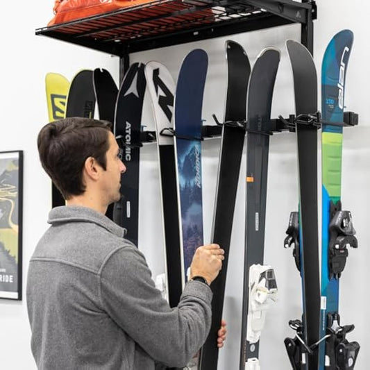 StoreYourBoard Ski Storage Rack with Shelf, Holds 5 Pairs, Heavy Duty Wall Mount Organizer, Home and Garage Hanger