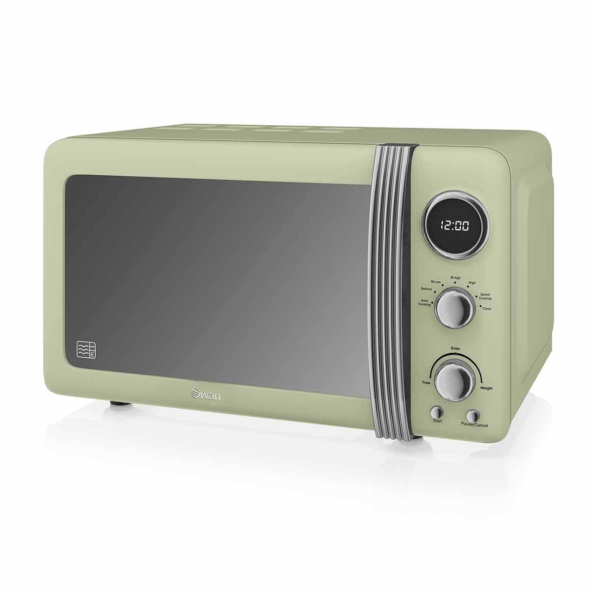 Swan SM22030LGN Retro LED Digital Microwave with Glass Turntable, 5 Power levels & Defrost Setting, 20L, 800W, Green