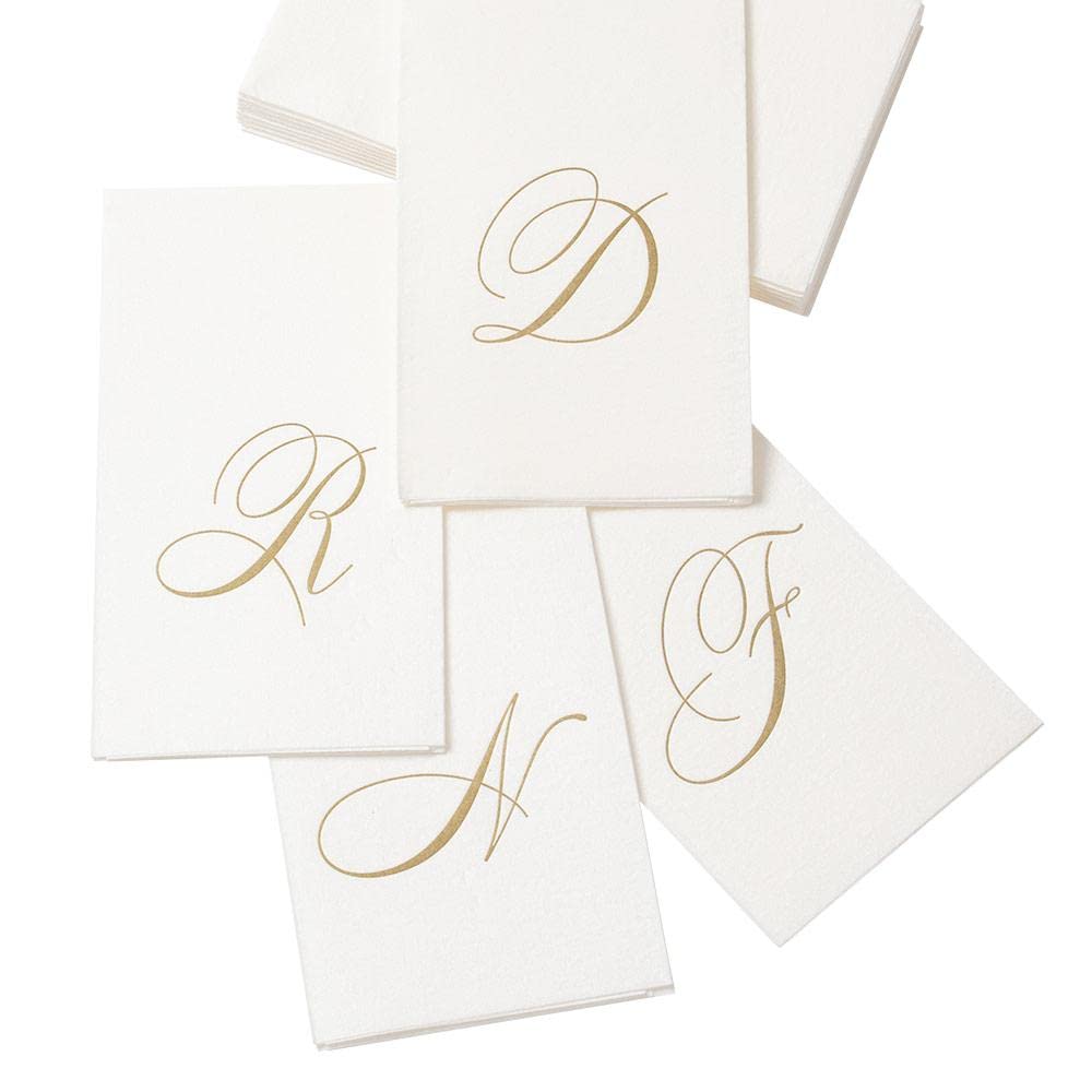 Caspari Signature Gold Initial G Paper Linen Guest Towels, White Pearl, Pack of 24