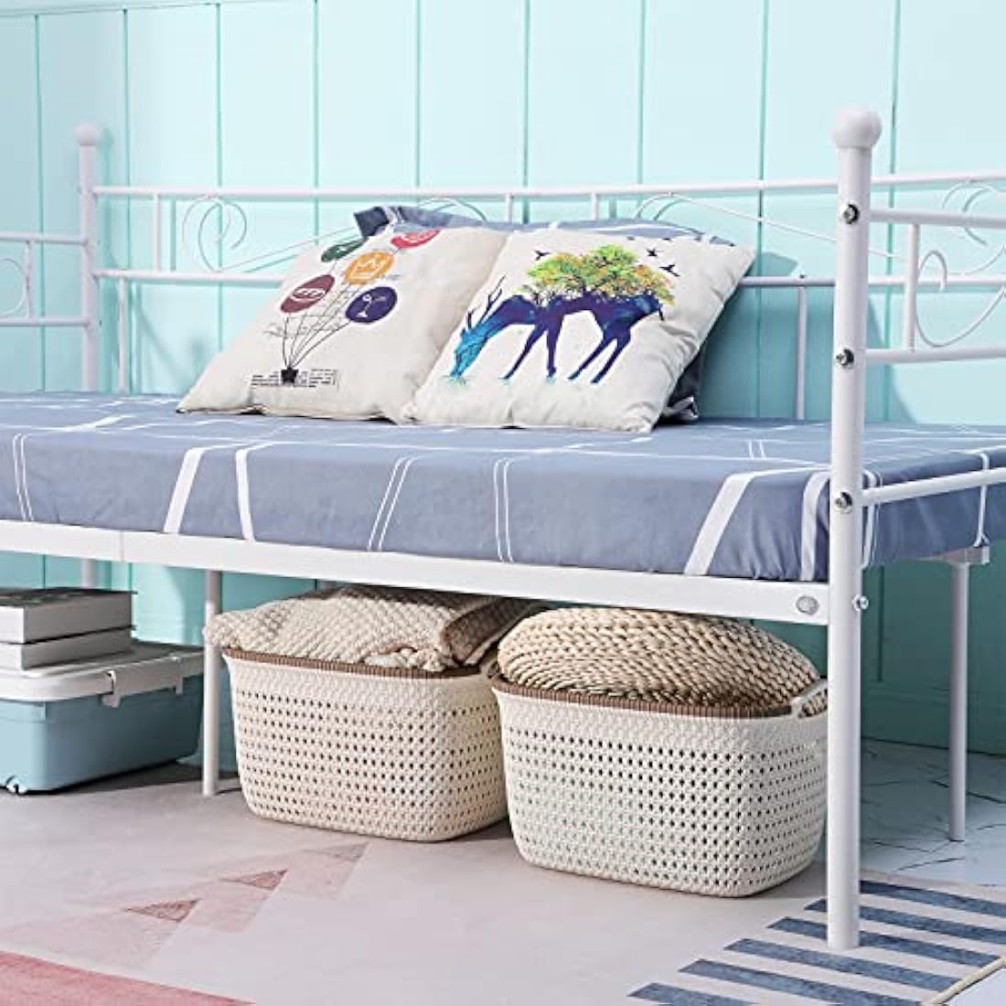 buybyroom Day bed Frame,Modern Metal Day Bed Sofa, Platform Bed Base with Headboard and Footboard Premium Stable Metal Slats for 90 x 190 mattress,White