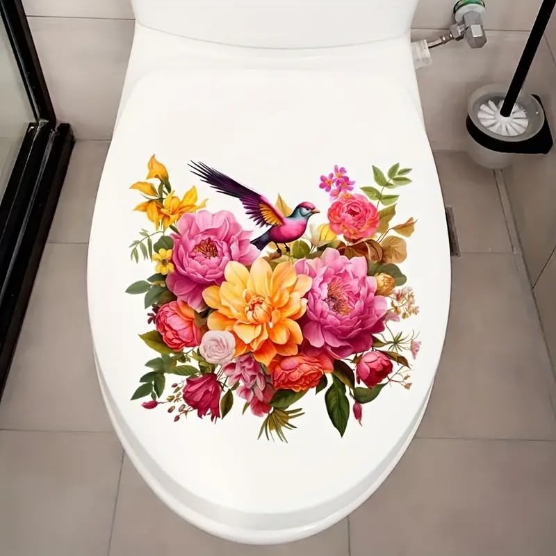 Colorful Flower Cluster Bird Toilet Cover Sticker Decals,Flower Leaf Butterfly Waterproof Toilet Lid Tank Seat Decals Cistern Self-Adhesive Bathroom