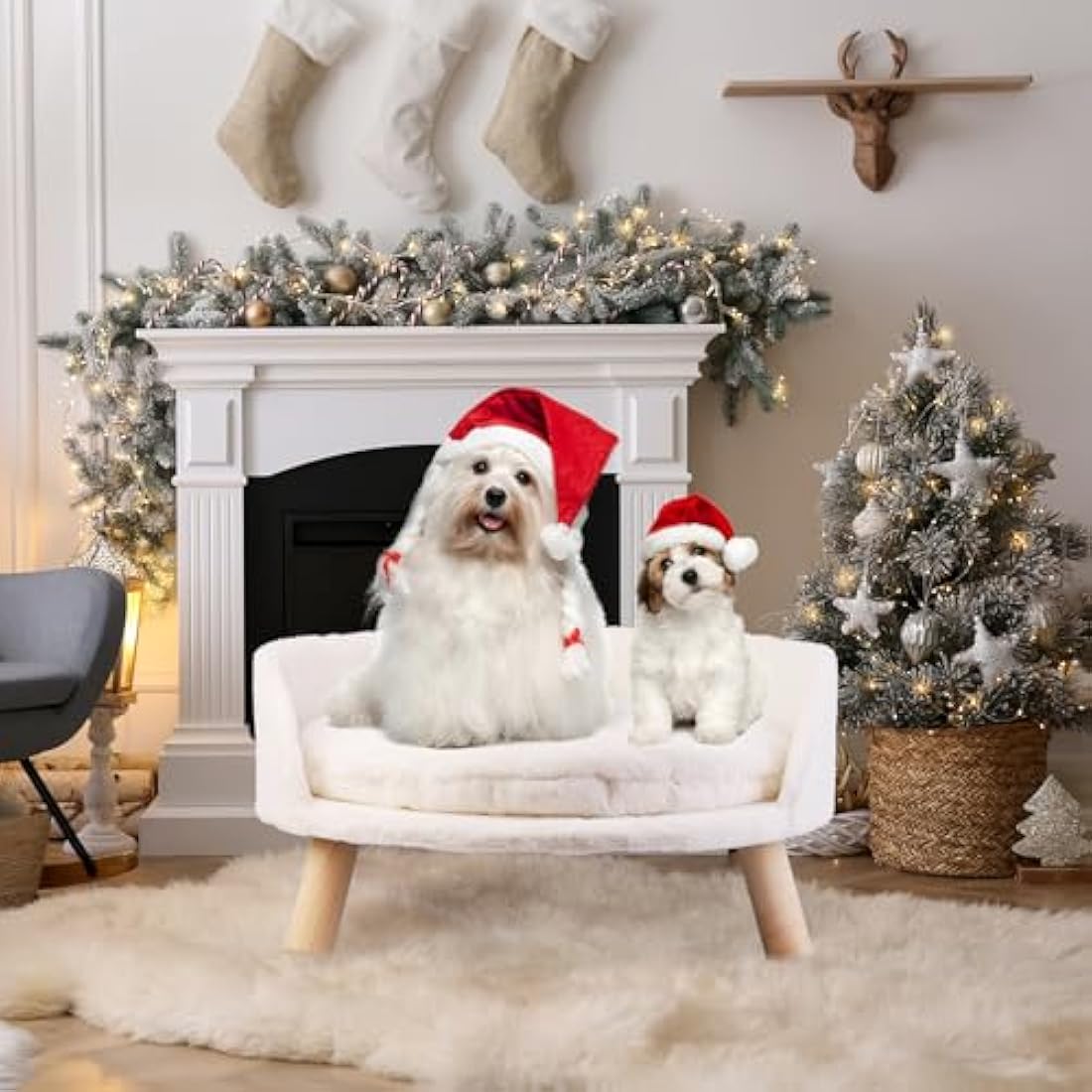 BingoPaw Cat Sofa Chair Bed: Elevated Nordic Pet Stool Bed with Removable Waterproof Mat - Raised Plush Fur Dog Kitten Couch with Wooden Legs Frame (Dia 60cm)
