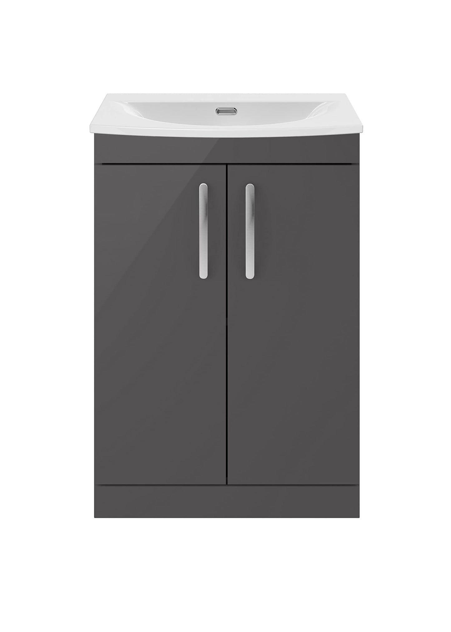 nuie ATH075G Athena Modern Bathroom Floor Standing 2 Soft Close Doors Vanity Unit with Curved Ceramic Basin with 30mm Profile, 600mm, Gloss Grey