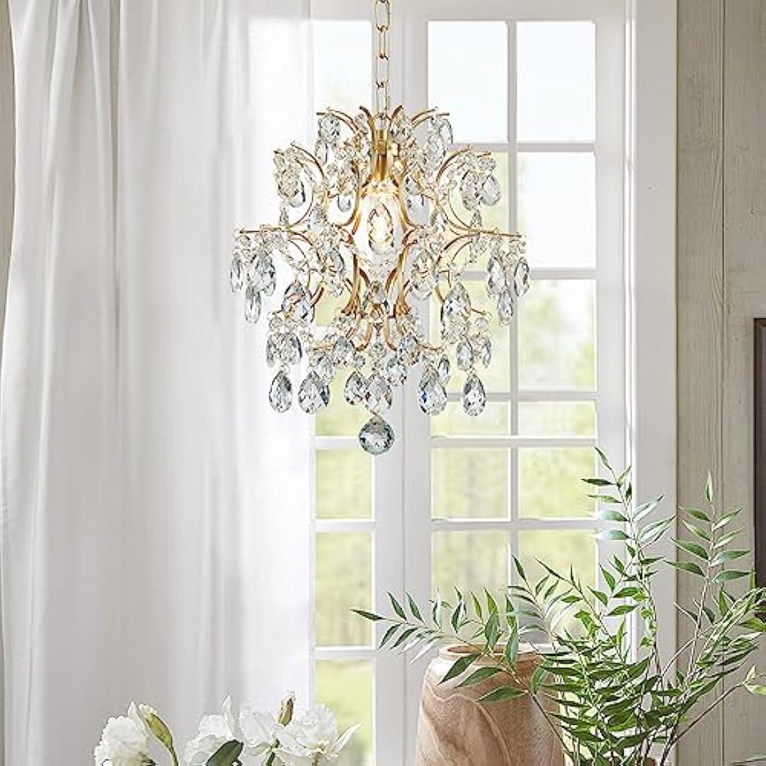 BESTIER Gold Modern Pendant Chandelier Crystal Raindrop Lighting Ceiling Light Fixture Lamp for Dining Room Bathroom Bedroom Livingroom 1 E27 Bulbs Required D32cm x H40cm