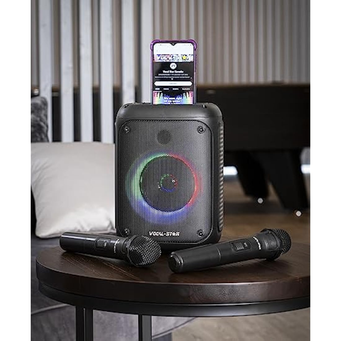 Vocal-Star VS-275 Karaoke Machine with 2 Wireless Microphones, Portable Bluetooth Speaker with phone holder, 80w Speaker, Light Effects, Records Singing, TWS, AUX, Rechargeable