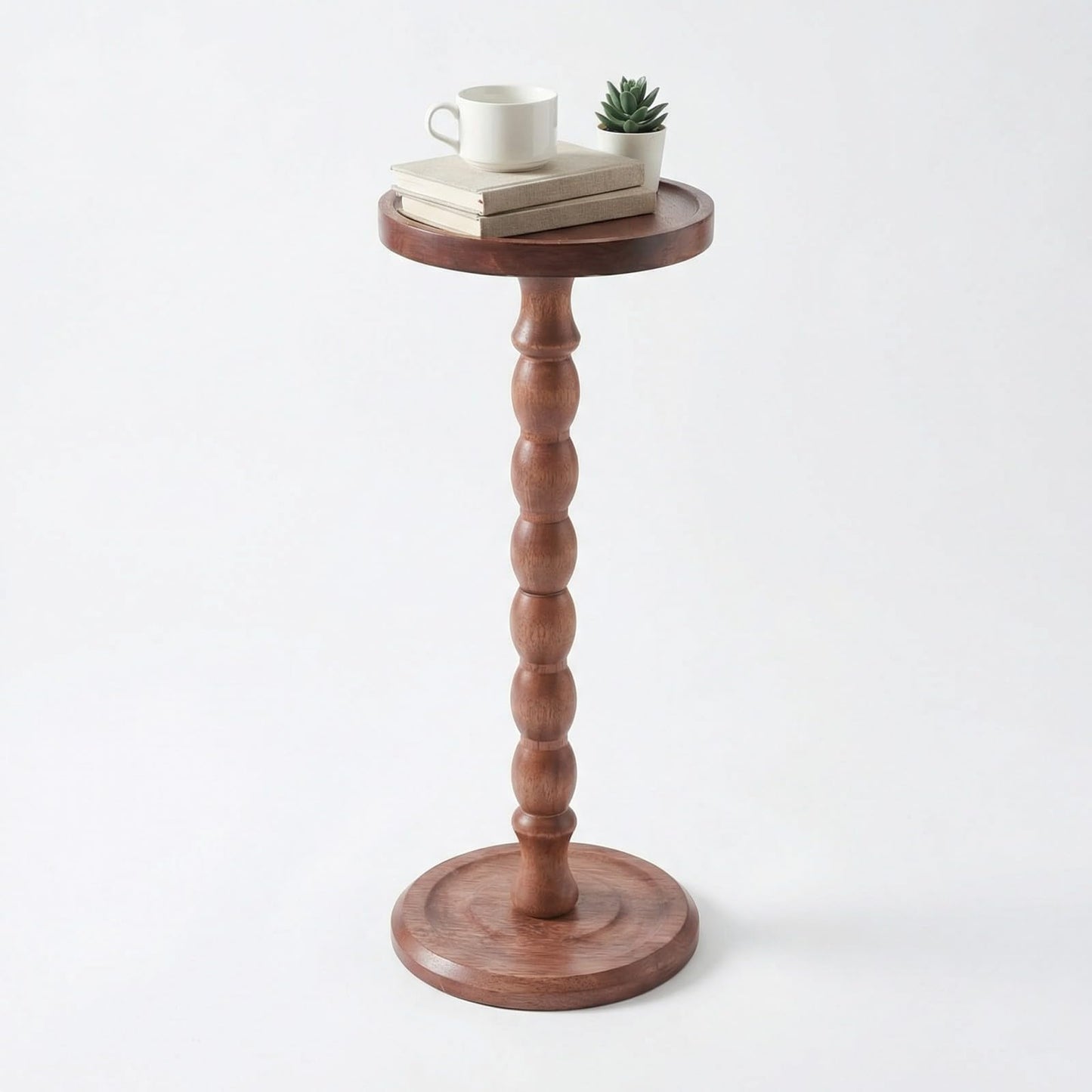 Perclyzm Solid Oak Wood Round Side Table, Rustic Brown Tall Pedestal Drinks Table, Dark Walnut Finish, Tray Top for Living Room, Sofa, Bedroom