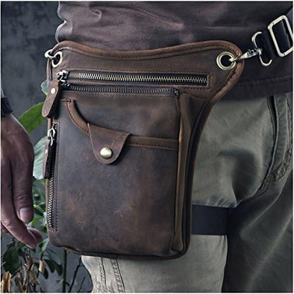 Le'aokuu Mens Genuine Leather Messenger Shoulder Bag Waist Bag Pack Drop Leg Bag Motorcycle 833