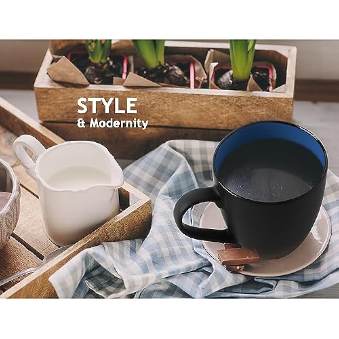 MIAMIO - 6 x 350 ml Stoneware Coffee Mug/Cup Set - Le Papillon Collection (Blue)