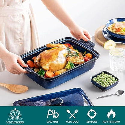 vancasso Starry 3.8 Quart Casserole Dish, Large Lasagna pan with lid, 9x13 inch Stoneware Casserole with lid, Microwave Safe, Blue