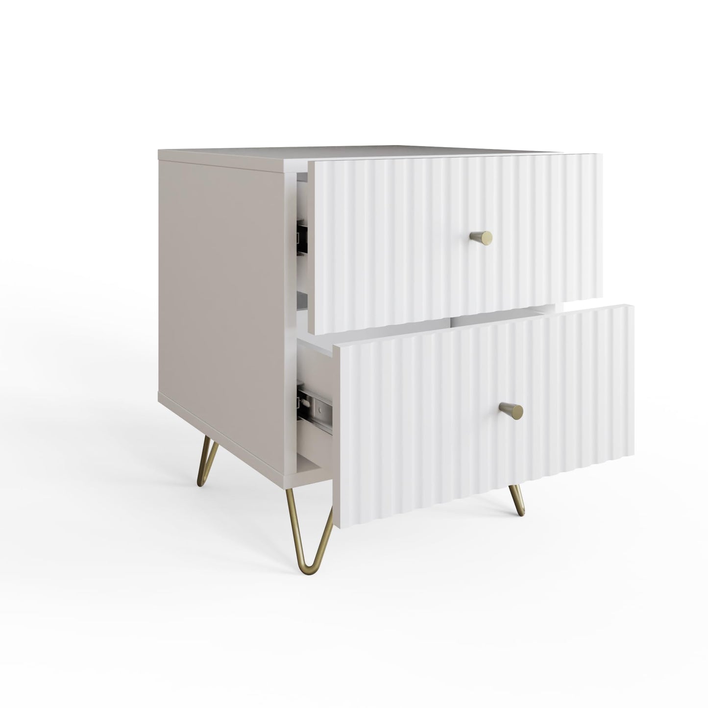 GFW Thalia 2 Drawer Bedside Table, Modern White Nightstand with Textured Finish & Hairpin Legs