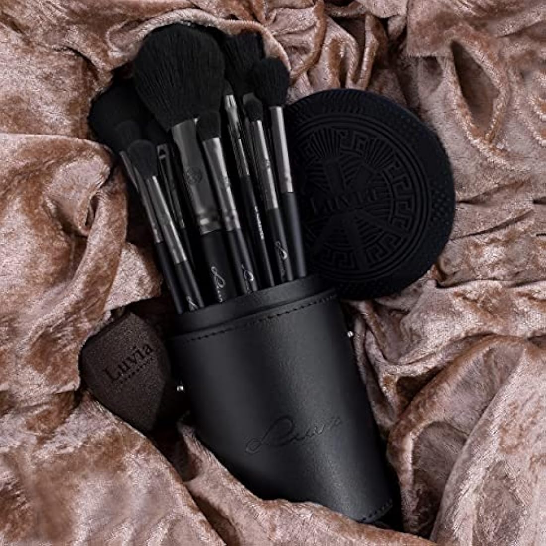 Luvia Prime Vegan Pro Make-Up Brush Set, Black, 12 Makeup Brushes Including Brush Storage, Blender Sponge & Cleaning Mat for Cosmetic Brushes, Black & Rose Gold