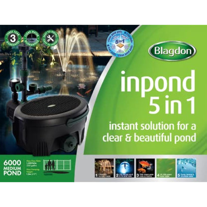 Blagdon Inpond 5-in-1 6000 Easy Care Clean Pond Solution, 26.5w Pond Pump & Filter with UV Clarifier for Algae Control and Clear Water, LED Light, 3 Fountain Heads, for Ponds Up to 6,000L, Black