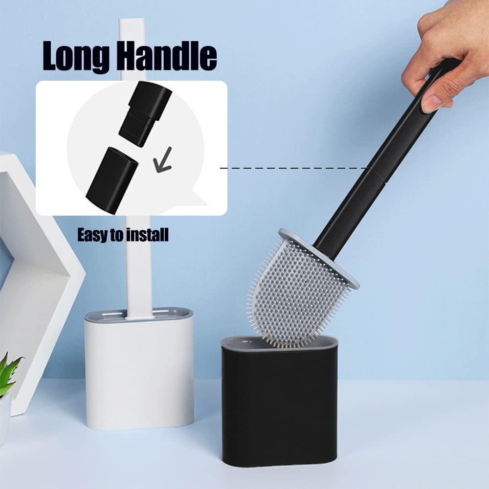 Feicuan Toilet Brush with Holder - Silicone Toilet Brush Flooring/Wall Mounted Detachable Rubber Flexible Bristles Long Plastic Handle Deep Cleaner