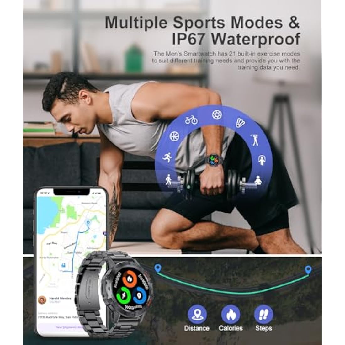 FEELNEVER Smart Watch for Men with Wireless Call Function, Military Smartwatch with Heart Rate SpO2 Blood Pressure Sleep Monitor, IP67 Waterproof Tactical Fitness Watch for Android iPhone Phone, Black