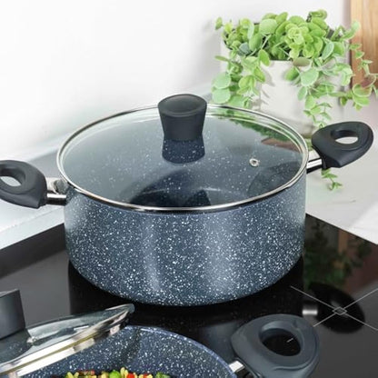 Russell Hobbs RH00849EU Stockpot With Lid - Non-Stick 24cm Induction Suitable Cooking Pot, Pressed Aluminium, PFOA-Free, Soft-Touch Handles, For Stews/Soups, Nightfall Stone Collection, Blue Marble