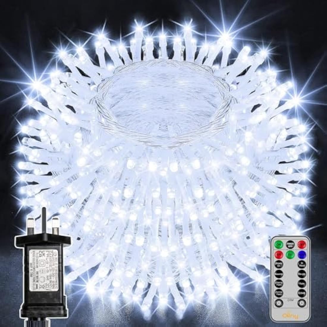Ollny 30m 300 LED Fairy Lights Mains Powered, Outdoor Waterproof String Light with Remote/Plug/Modes/Timer, Bright Cool White Lighting Outside Indoor Garden Tree Party Wedding Decorations
