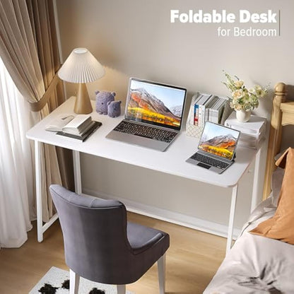 WOHOMO Folding Desk, 120cm Foldable Computer Desk for Bedroom, Space Saving Computer Table Writing Workstation for Home Office, Easy Assembly, White