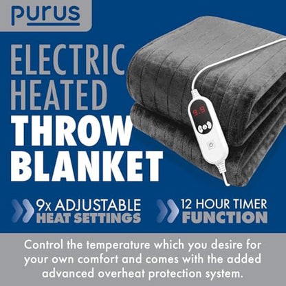 Purus Grey Heated Throw Electric Blanket, 160 x 120cm Heated Blanket Machine Washable Soft Micro Fleece Electric Throw Overblanket with 12HR Timer and 9x Control Heat Settings