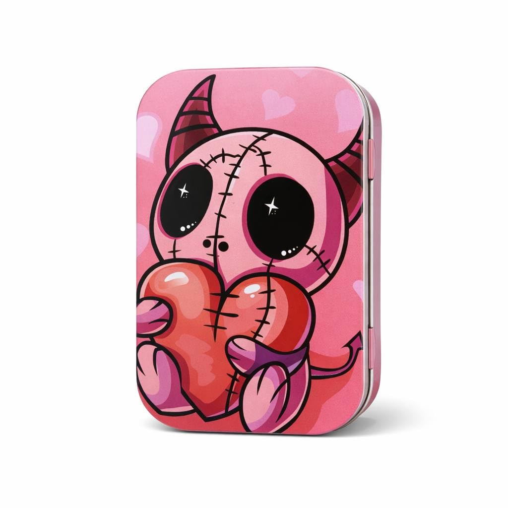 Zach's Capsules Cute & Aesthetic Metal Storage Tins – Kawaii, Pop Art, Butterfly, Gothic & Jellyfish Designs (Pink Devil Plush Tin)