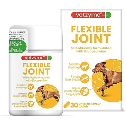 Vetzyme Flexible Joint Supplements for Dogs (30 Tablets) - Hip and Joint Care with Glucosamine, Tasty Chicken Flavour