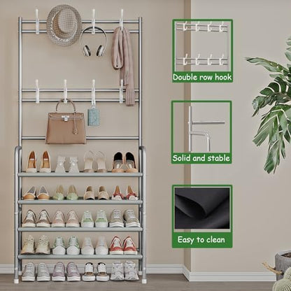 Dazioter Coat Rack Shoe Rack With Storage Shelf Freestanding with 8 Hooks for Entryway Bedroom Grey, 4Tier