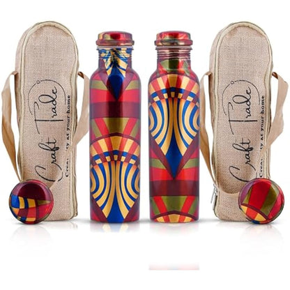 Craft Trade Printed Pure Copper Bottle with Lid and Carry Bag for Drinking Water BPA Free Leak Proof Boosts Immunity, Supports Digestive & Ayurveda Inspired 34oz - 1 Litre