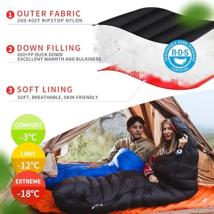 QEZER Down Sleeping Bag,Lightweight Rectangular Winter Sleeping Bag [1180g/1860g] for Adults and Kids 4 Season Camping, Hiking,Warehouse and Moutaineering Outdoor