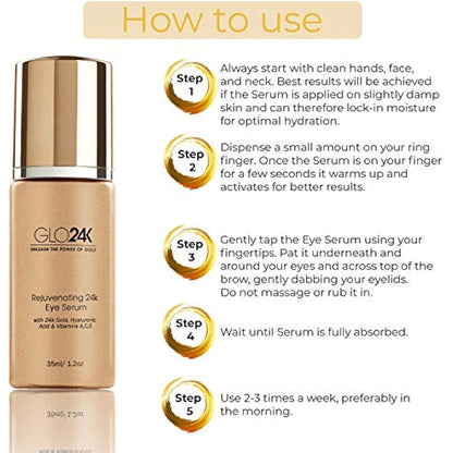 GLO24K Eye Serum with 24k Gold, Anti-Aging Formula with Vitamins and Hyaluronic Acid