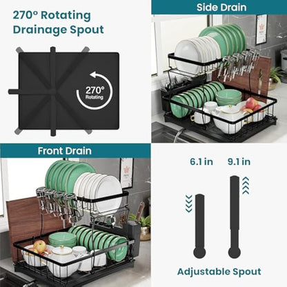 PRIME FEEL 2 Tier Dish Drainer Rack, Rustproof Dish Drying Rack for Kitchen Countertop, Draining Board Rack with Drip Tray, Cutlery Drainer, Glass Holder & Chopping Board Rack, (Black)