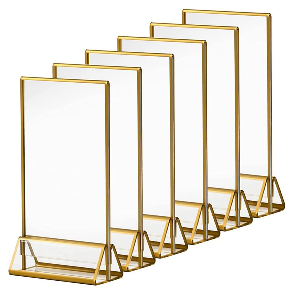 SagaSave 12Pcs Clear Acrylic Picture Table Stand with Gold Frames, 42x127x180mm, Double-sided Display, Gold Frame
