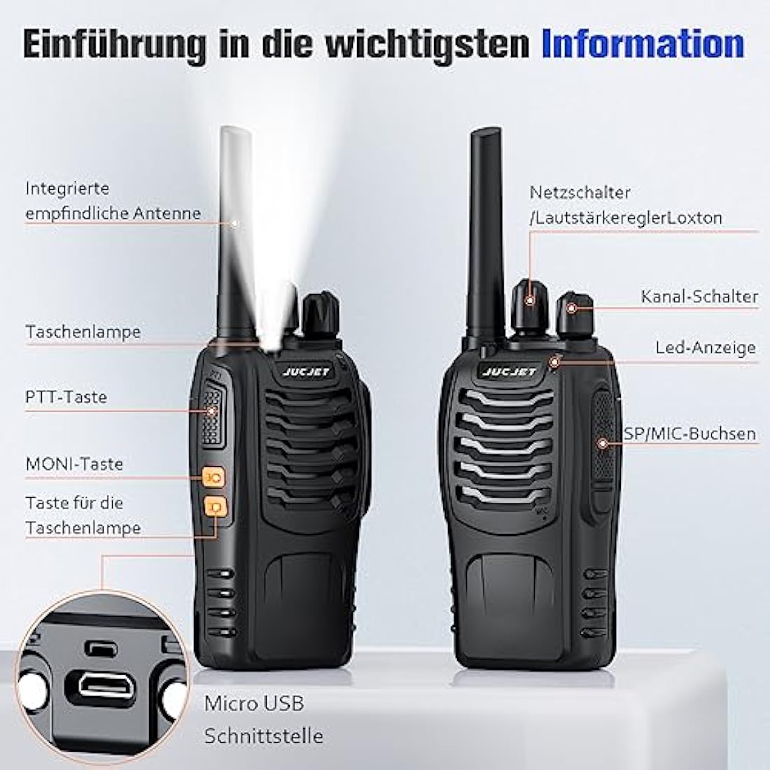 JUCJET Walkie Talkies, 88E Upgraded PMR446 Walkie Talkie, Two-Way Radio Rechargeable Walkie Ttalkie, With Original Earpieces, Reliable Long Range 2-Way Radios, Professional & Easy To Use (2 Pack)