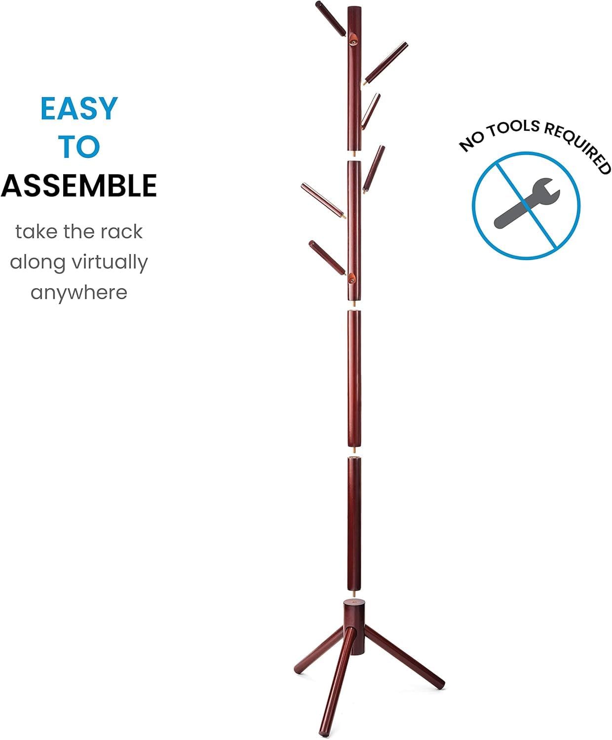 Ceciliec Coat Rack Free Standing - Wooden Coat Tree with 6 Hooks - Coats, Purses, Hats - Adjustable Sizes, Easy Assembly (Cherry)