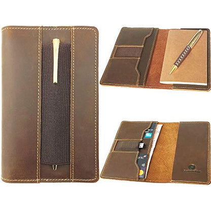 Leather Field Notes Cover, Moleskine Cahier Journal Cover | Handmade Vintage Leather Cover for 3.5" x 5.5" Brown Pocket Field Notebook & Small Notepad | Incl Pen + Field Note Booklet pen card holder