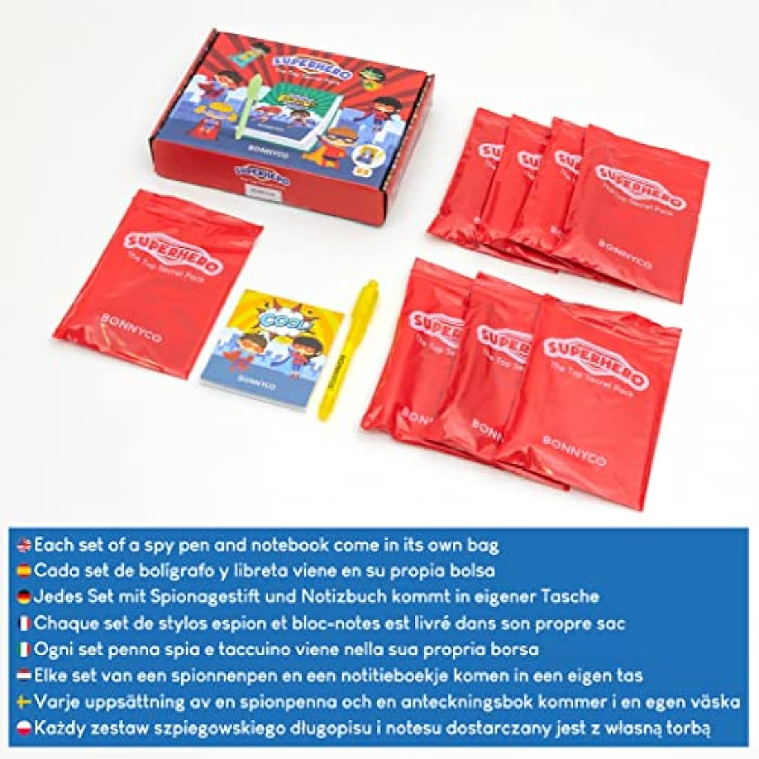 BONNYCO Invisible Ink Pen and Notebook, Pack 8 Superhero Superhero Party Bags Fillers, Pinata Toys | Birthday Decorations | Stocking Fillers for Kids Birthday | School Prizes, Gifts for Children