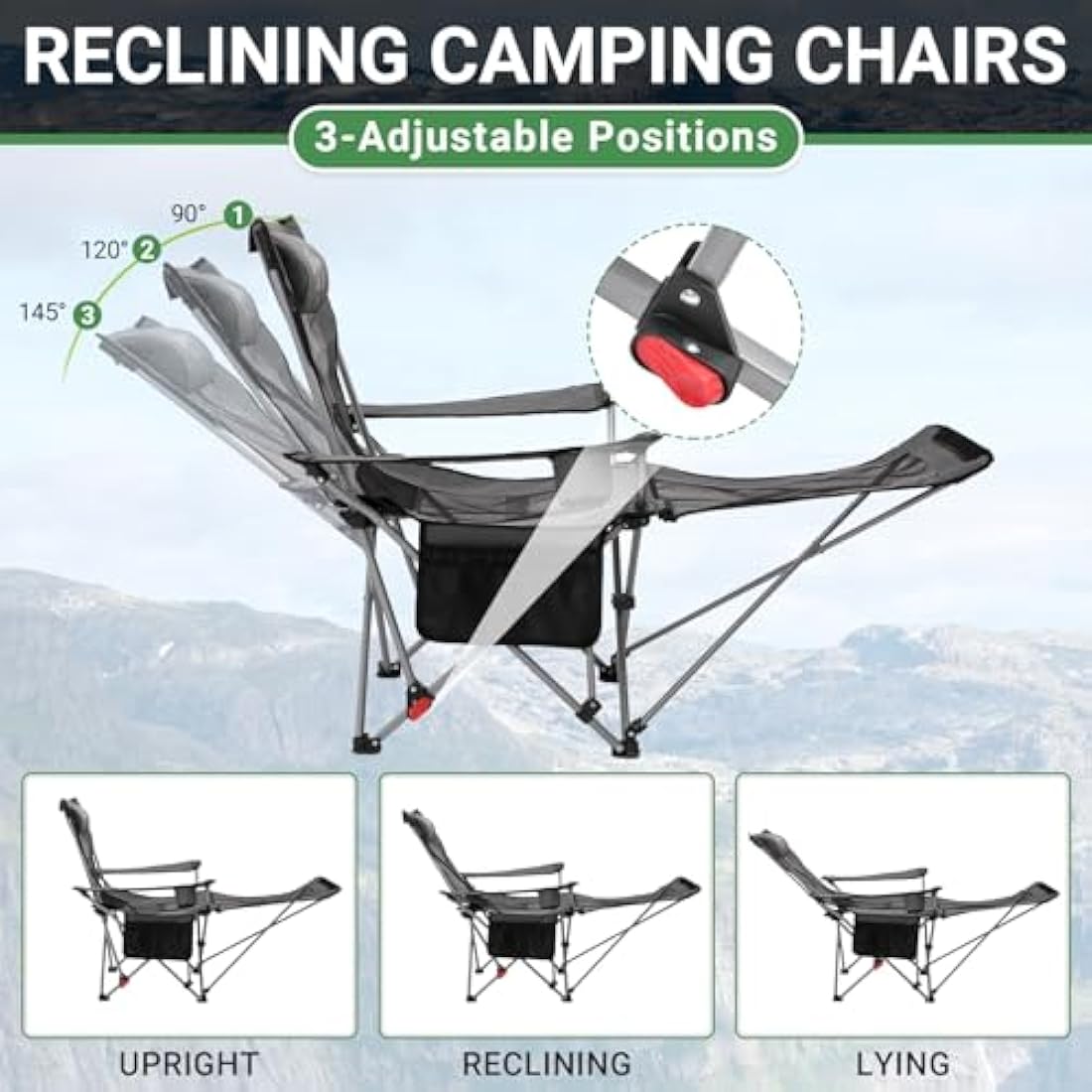 #WEJOY Camping Chairs Folding Recliner Chair Adjustable with Detachable Footrest Headrest Cup Holder Lightweight Portable Reclining Camp Chair Fold Up Chair for Outdoor Beach Garden,Grey black