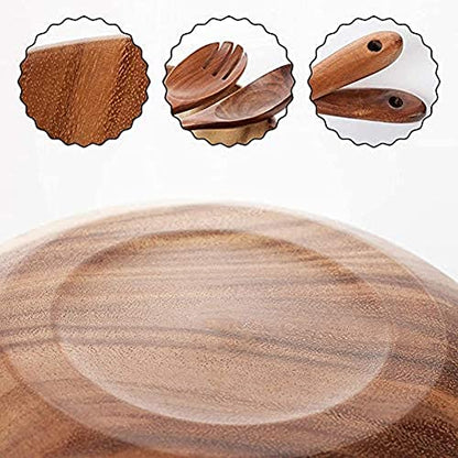 AOOSY Acacia Wooden Salad Bowl and Servers Set,9.5Inchs Solid Wood Saving Bowl with Acacia Wood Spoons Set Salad Mixing Dinner Fork and Spoon Kitchen