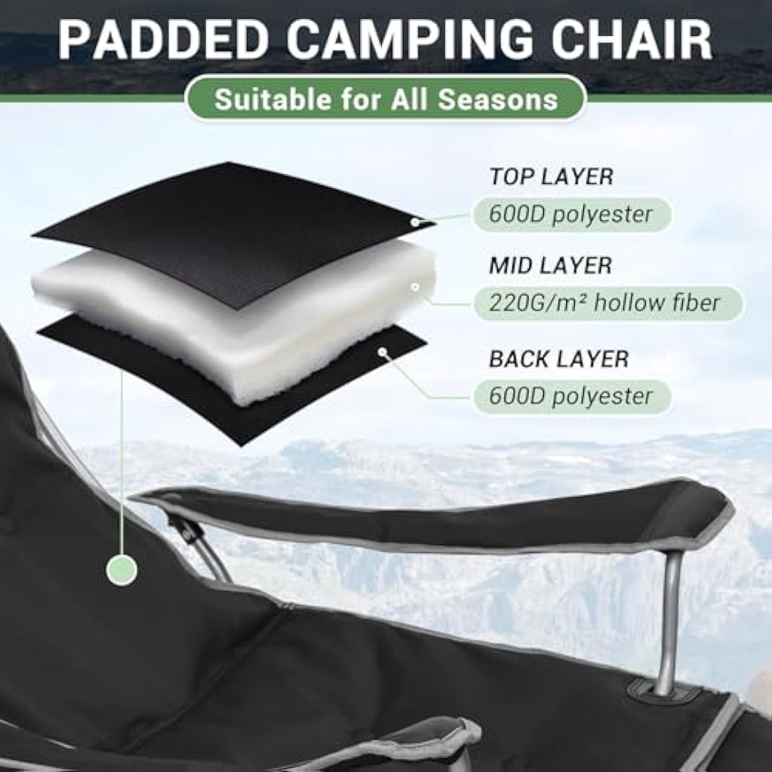 #WEJOY Camping Chairs Folding Recliner Chair Adjustable with Detachable Footrest Headrest Cup Holder Lightweight Portable Padded Reclining Camp Chair Fold Up Chair for Beach Garden,Black Set of 2