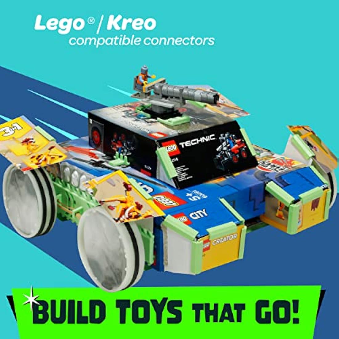 JUNKO Zoomer Toy Car Kit - Transform boxes, bottles, juice cartons... into Toy Cars. Made from Recycled Plastic. Endlessly Reusable Art, Craft & Build Kit. Lego® compatible.