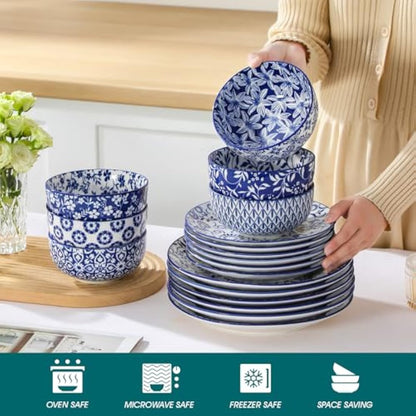 vancasso Selene Dinner Sets for 6 People, 18 Pieces Vintage Blue Porcelain Plates and Bowls Set Kitchen Crockery Set Dinnerware Sets, Mircowave and Dishwasher Safe Dishes Set