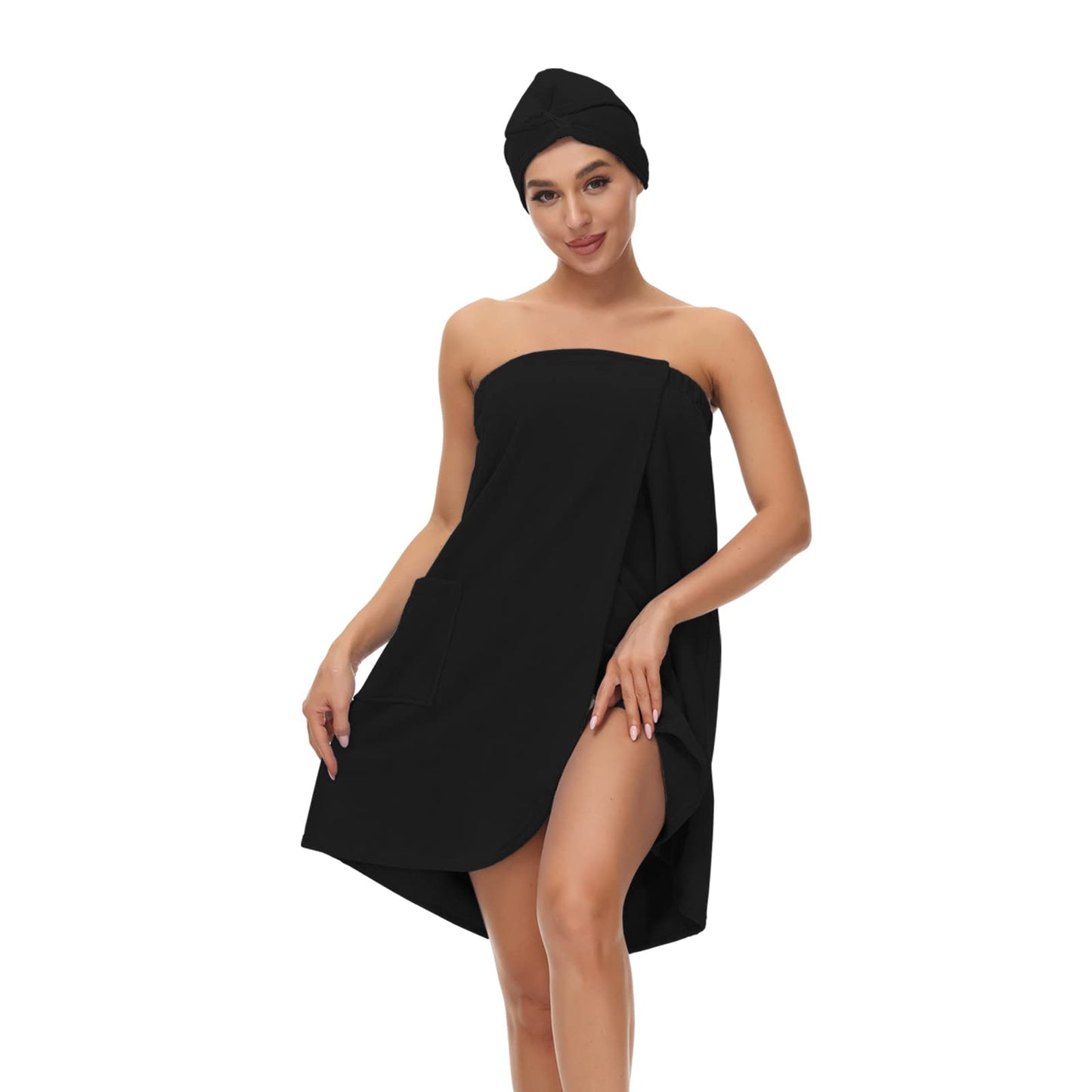 Verve Jelly Spa Body Towel Wrap, with Hair Towel Women Bath Towel Wrap Cover Up for Shower Super Soft Lightweight Bath Wrap Robe Towel Black L
