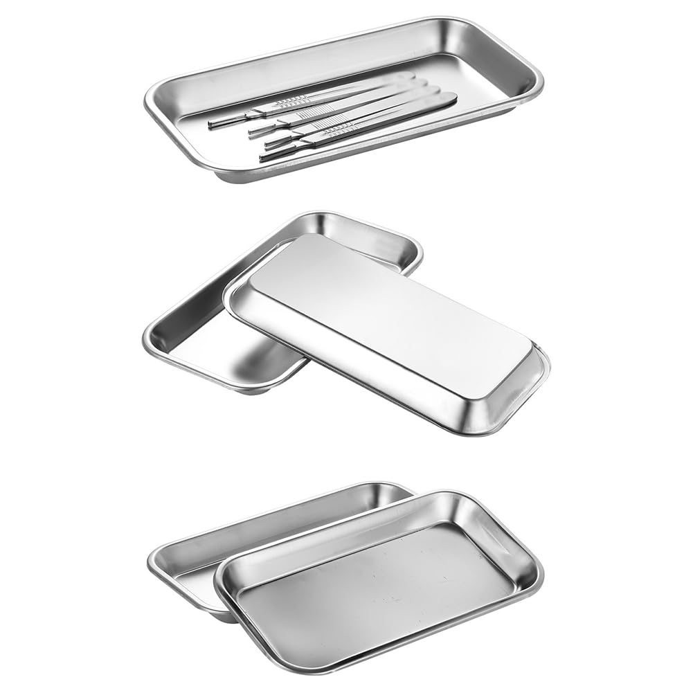 HugeDE 4 Pcs Rectangular Stainless Steel Trays Small Instrument Trays Metal Tattoo Trays Bathroom Vanity Organizer Holder Plates for Nail Salon