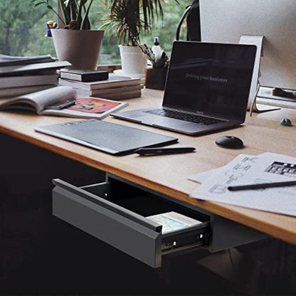OSteed Large Under Desk Drawer 45cm Metal Black, Pull-out Shelf Organiser, Under Shelf Drawer with Large Slide Extension, Desk Extender Mount Under Flat Wooden Table or Workbench, Normal_Version