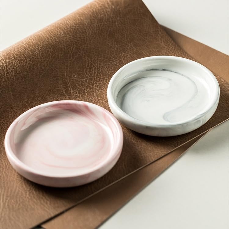 Round Marble Soap Tray, Small Ceramic Soap Dish, Cute Trinket Plate (Pink)
