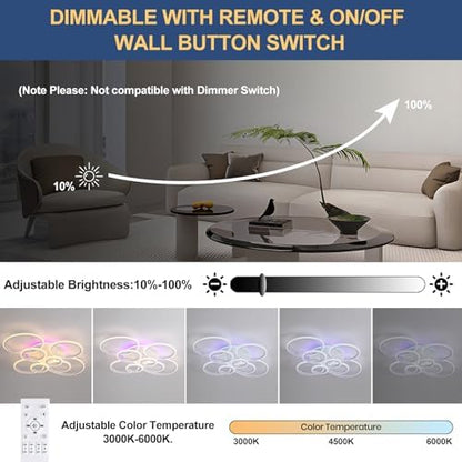 ZAITINZ dimmable Modern Ceiling Lights,80W led Ceiling Light Acrylic,Bedroom Ceiling Light White,8-Rings Ceiling Lights Living Room,Kitchen Lights Ceiling Indoor,Ceiling Lights Round 3000-6000K
