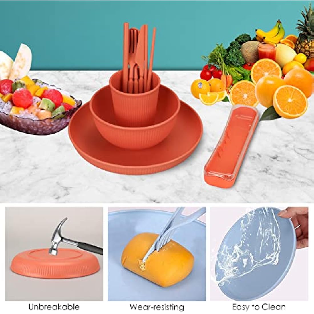 66pcs Unbreakable Tableware Sets for 6 People, Plastic Plates and Bowls Set,Lightweight Colorful Plastic Camping Plates, Bowls, Cups,Cutlery Set, Straw, Forks,Children Dinnerware Set